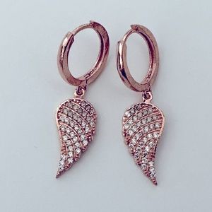 925 Silver angel wing cz dangle hoop earrings 14k rose gold plated